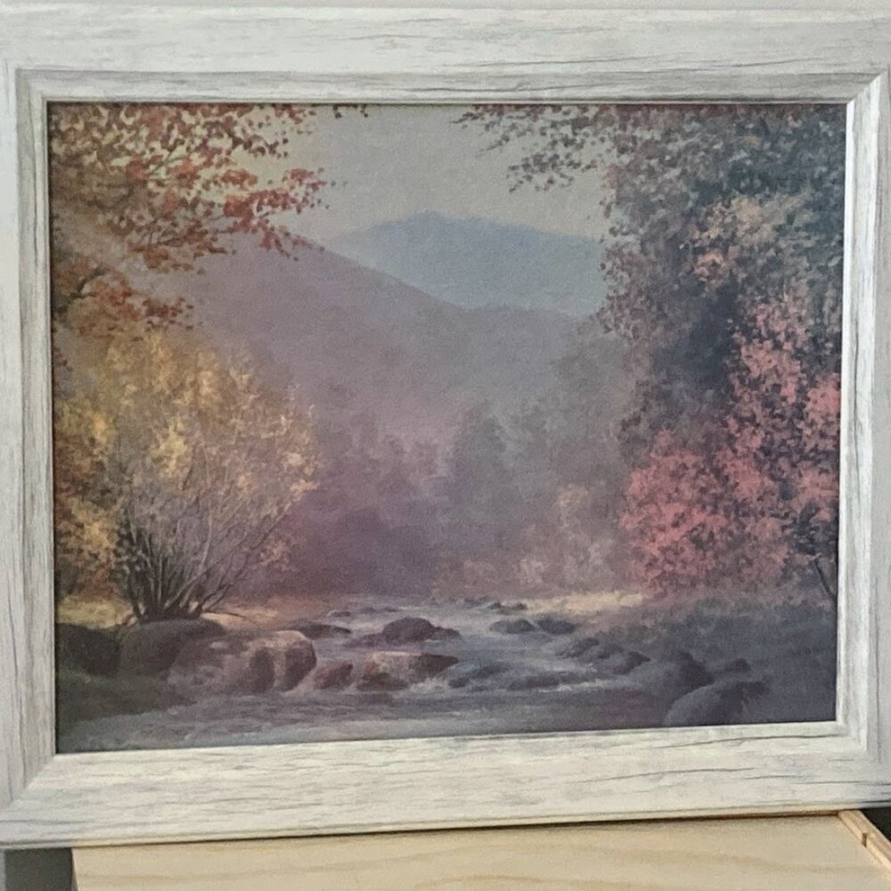 Vintage Mid-Century Oleograph Painting Mountain Scene with River 24x20 in
